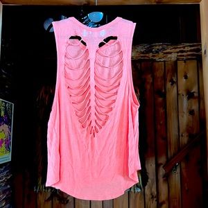 Coral Pink Sleeveless Thin Tank with Open Heart Skeleton Ribcage Detail. Size S